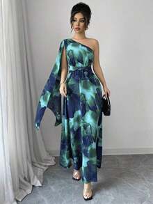 Vestido elegante de talle alto con hombro asimétrico, abertura lateral y estampado aleatorio, estilo fashionable para vacaciones - Multicolor - Ver 5
