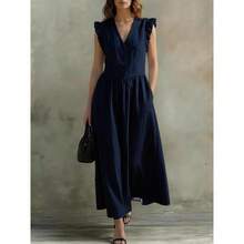 Vestido midi de mujer elegante y casual con cuello en V tres botones y bolsillos  y  caliente - Azul Marino - Ver 7