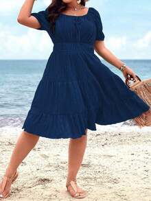 Clasi Vestido corto de manga corta en color burdeos de uso diario, sencillo y liso para mujeres de talla grande - Azul marino - Ver 7