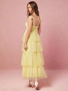 Vestido de mujer elegante de unicolor con tirantes de malla - Amarillo - Ver 2