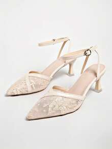Talons hauts élégants et à la mode à bout pointu avec broderie florale en maille - Beige - Voir 5