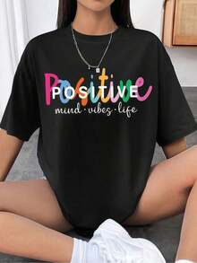 1 Piece Of Women's Clothing, Positive Vibes Print T-Shirt, White Blouse, Women's Graphic Tees, Unisex Casual Round Neck T-Shirt, Lightweight Fine Knit Fabric, Machine Washable, For Spring/Summer/Autumn, Christmas, Valentine's Day, Thanksgiving Day. - 黑色 - 查看 1