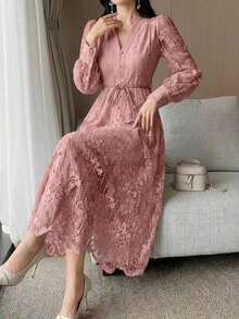 Vestido de media longitud con cinturón y cuello de encaje elegante para mujer, vestido de verano/primavera - Rosa - Ver 3