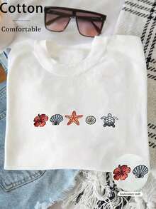 Plus Size Crew Neck Sweatshirt With Shell Embroidery, Minimalist Nautical Beach Hoodie, Surfer Style Hoodie For Coastal Ocean Lovers, Holiday Gift, Women's Embroidered Print T-Shirt - 白色的 - 查看 3