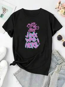 Soft Fabric T-Shirt With Creative Cartoon Letter Print, Women's Short Sleeve Shirt, Fashionable And , Casual And Simple Sports T-Shirt, Comfortable Summer Vacation Top, Fashionable T-Shirt. - 黑色 - 查看 2
