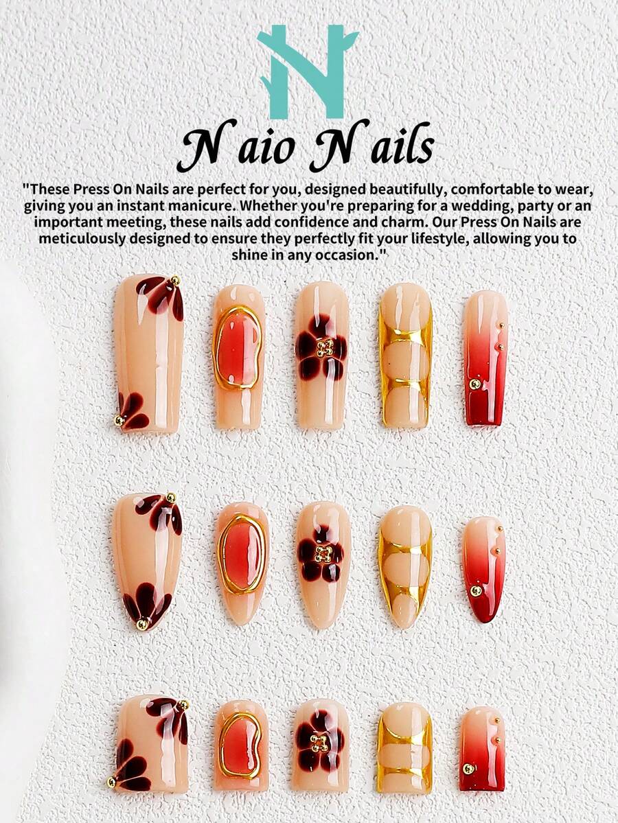 NAIO 10pcs/Set Handmade Press On Nails 3 Sizes Available: Coffin/Almond/Short Square Nail Tips, Y2K Baddie Style, Nude, Red And Gold Color With French Edge, Gold Nail Polish With A Gradient Sunburn Color, Featuring Floral And Gilded Designs, And Adorned With Gold Bead Embellishments. Cream Texture, Suitable Fashionable And Avant-Garde For Women And Girls, Party, Daily Wear, Comes With Tool Kit, Great Gift For Ladies Nails Nail Supplies - Multicolor - View 1