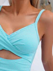 Traje de baño de una pieza sexy para mujer con rayas, encaje cruzado en la espalda - Azul menta - Ver 4