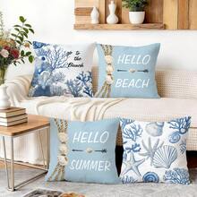 4pcs/Set Ocean Coral & Shell Pattern Pillow Cover, Single-Sided Printed Cushion Cover, Suitable For Living Room, Bedroom, Home Decor, All Seasons - Multicolor - View 5