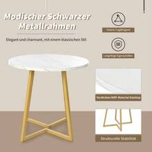 Round Dining Table (1 Piece), Kitchen Table, Unique Metal Frame, Dining Table With Modern Marble Pattern, Suitable For Dining Room, Living Room, White/Gold - White - View 5