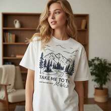 Women's Vintage Cotton T-Shirt With Graphic Print "Take Me To The Mountains", Short Sleeve, Round Neck, Casual Style, Nature Print, Loose Fit, Sizes S-5XL, Black And White Outdoor Landscape Design, Soft And Comfortable For Daily Wear. - 白色 - 查看 7