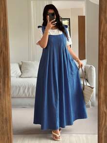 Plus Size Women's Printed Sleeveless Mid-Length Dress With Pockets Elegant Summer - Blue - View 1