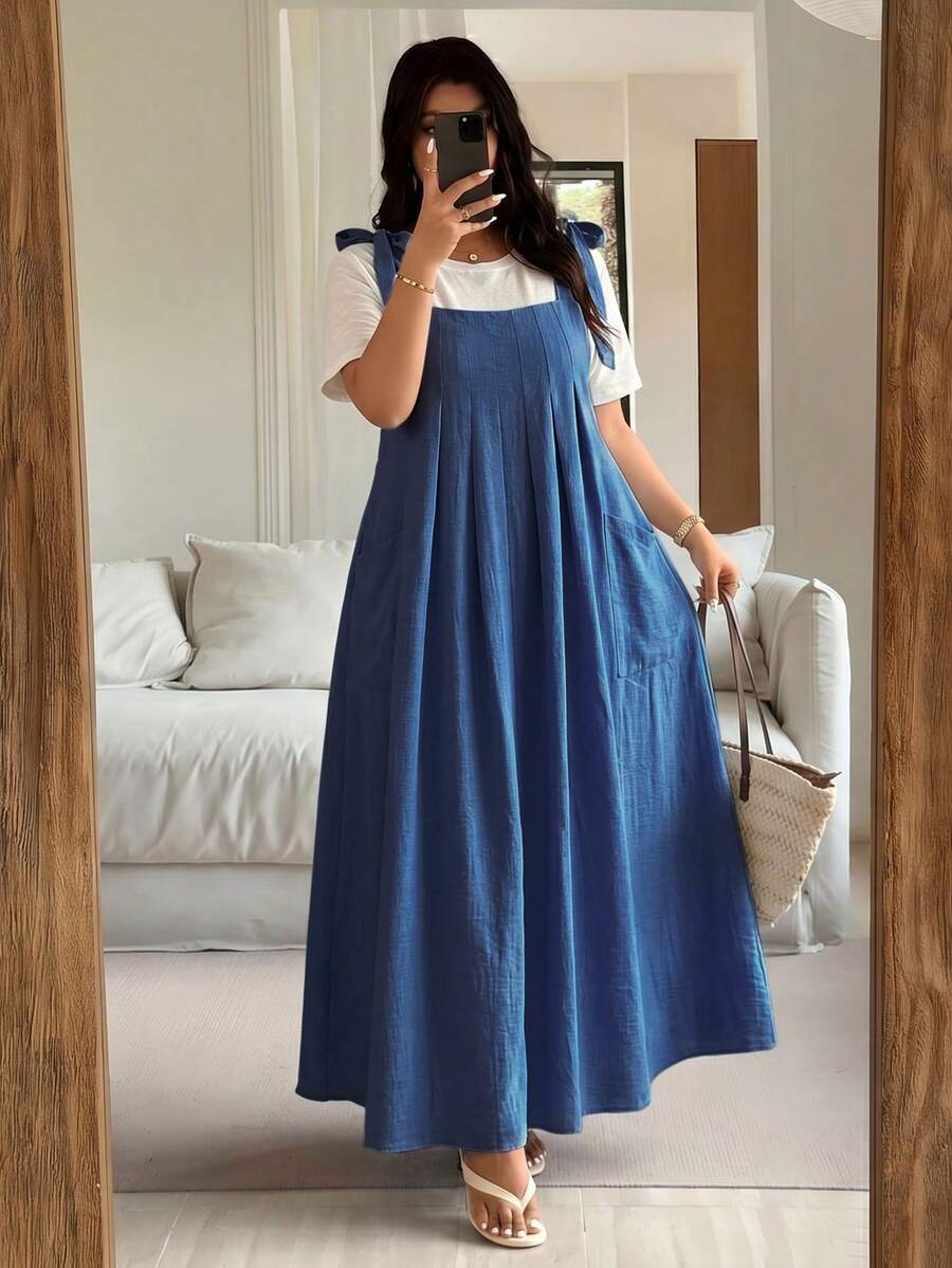 Plus Size Women's Printed Sleeveless Mid-Length Dress With Pockets Elegant Summer - Blue - View 1