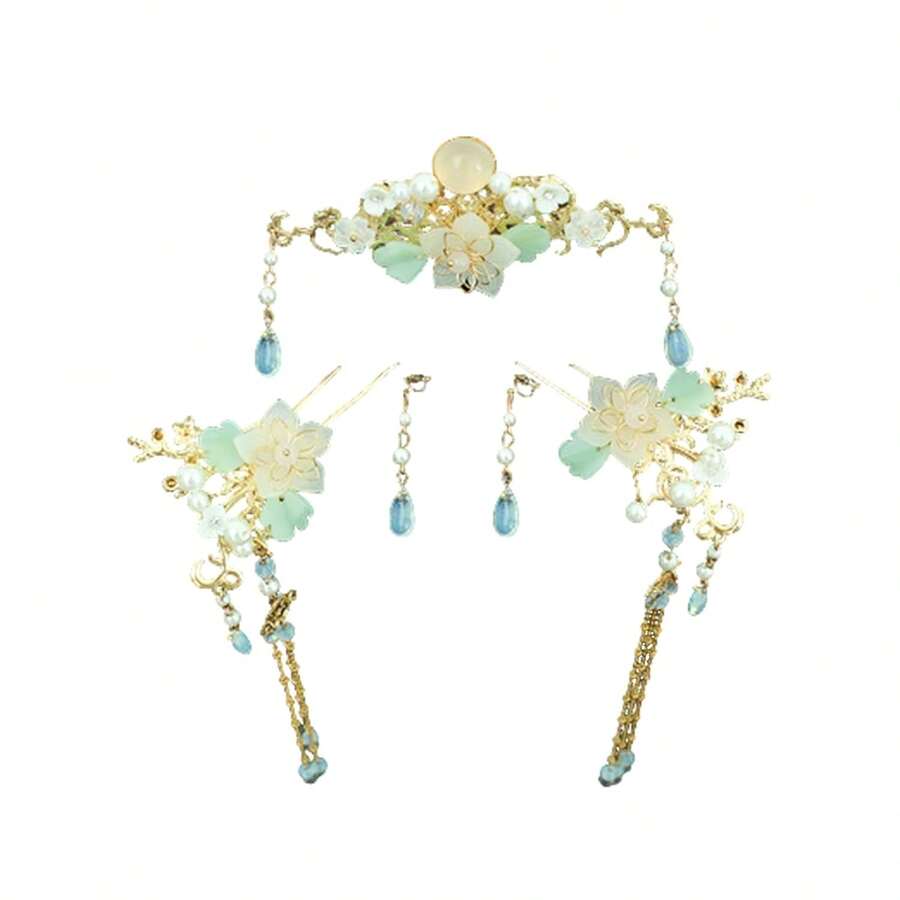 5 Pcs Flower Tassels Hairpin Chinese Hair Pins Flower Pins For Hair Chinese Hanfu Hairpin Rhinestone Pearl Clips Headpiece Retro Hanfu Wedding Brides Updo Long Hair Accessories Cat's Eye Beads - 貓眼珠 - 查看 1