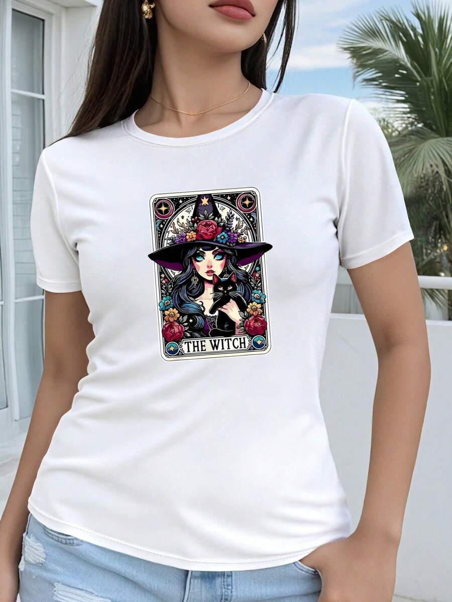 Women's Short-Sleeved T-Shirt, Made Of Pure Cotton, With A Whimsical Print Featuring A 2D Geometric Illustration Of A Mysterious Witch And A Cat. Casual Crew Neck Design, Suitable For All Seasons, Perfect For Holiday Fashion, Vintage Aesthetic, Breathable Material, And A Fun Print. - 白色 - 查看 1