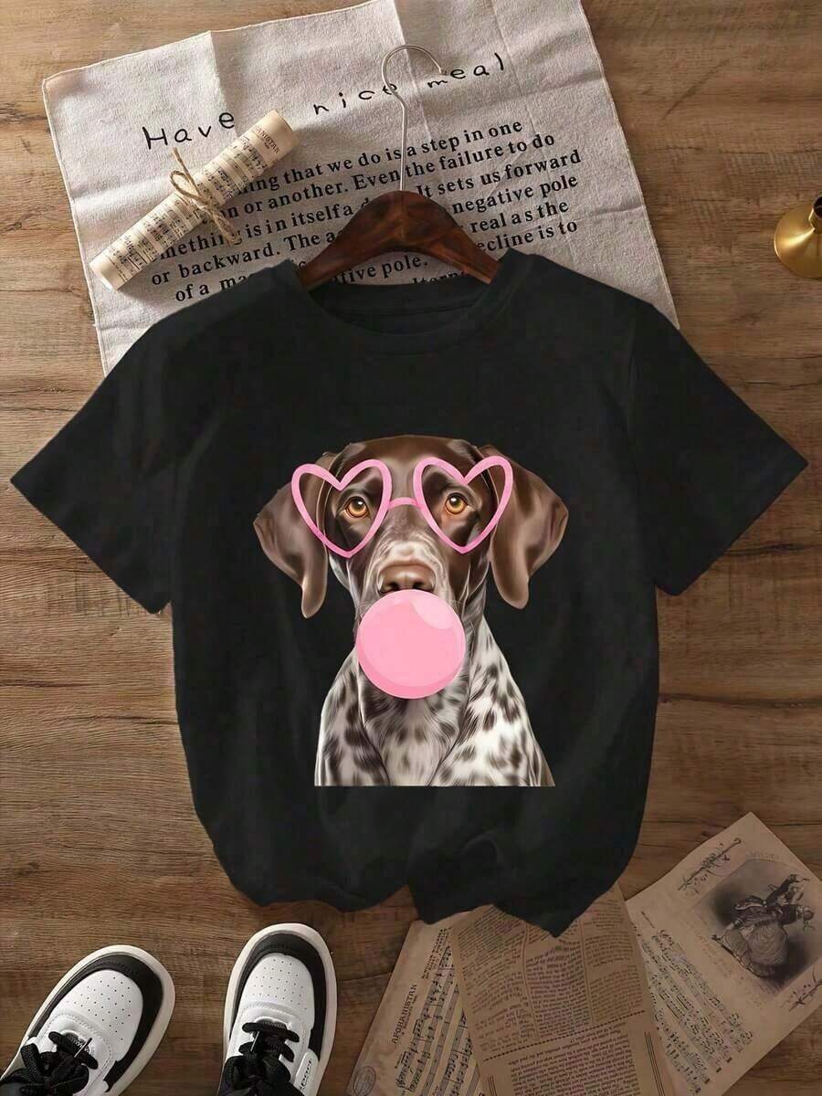 1 Piece Women's Graphic T-Shirt With Short Hair Pointer Dog Design, Dog Print With Heart, Fashion Glasses And Bubble Gum, White, Short Sleeve, Round Neck, Lightweight Casual Top For Summer And Spring, Machine Washable, Dog T-Shirts, Casual Clothing, Fun Design, Comfortable Fit, Printed T-Shirt, Soft Material For Pet Owners, Women's Sizes S-3XL, 180g 100% Cotton. - 黑色 - 查看 1
