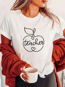 ropa de mujer Camiseta Deportiva Casual con Estampado de Elementos de Profesor para Mujer, Manga Corta, Cuello Redondo, Top Cómodo de Verano, camisas de mujer - Blanco - Ver 1