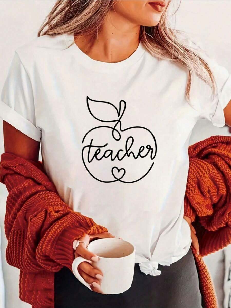 ropa de mujer Camiseta Deportiva Casual con Estampado de Elementos de Profesor para Mujer, Manga Corta, Cuello Redondo, Top Cómodo de Verano, camisas de mujer - Blanco - Ver 1