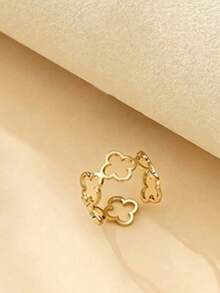 1 chiếc nhẫn hở hình cỏ bốn lá rỗng, tối giản, thời trang, thanh lịch, thích hợp đeo khi đi làm. - Vàng - Xem 4