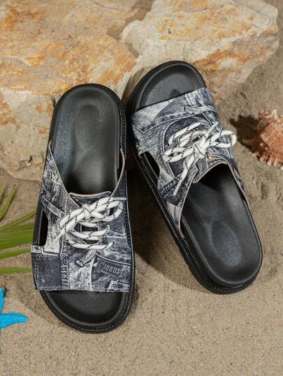 Women's Personalized Thick-Sole Sandals, Fashion Thick-Sole Lace-Up Design Slides, Casual Slip-On Sandals For Outdoor, Street, Vacation, American Leisure Style