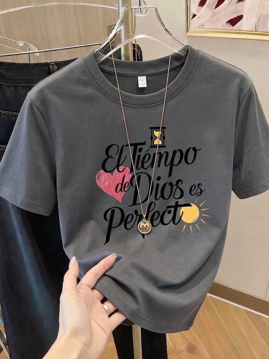 Camiseta de manga corta con estampado para mujer, ropa de primavera, atuendo para festividades, blanca para verano, look playero, estilo vacacional, estilo rural, atuendo de oficina para mujer. - Gris Oscuro - Ver 1