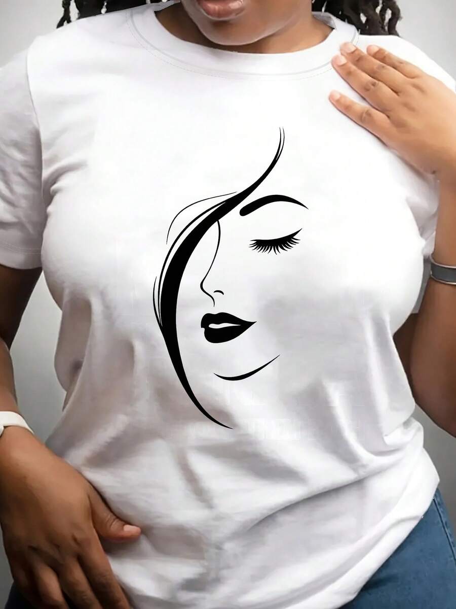Women's Short-Sleeved T-Shirt, Made Of Thick Fabric, With A Face Design - Casual Summer Top, Machine Washable, Loose Fit. | Fashionable T-Shirt | Gift Idea Made Of Stretchy Fabric - 白色 - 查看 1
