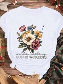 Women's T-Shirt With Easter Bouquet Floral Print And Inspirational Phrase: "In Hope God Acts", White, Spring Summer Casual Clothing - 白色 - 查看 3