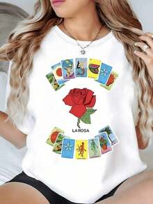 Fashion Printed T-Shirts For Women, Oversized Streetwear Tops, Comfortable And Stylish All-Match Summer Tees. Red Rose Surrounded By Traditional Mexican Lottery Cards That Evoke Folk Culture And Iconic Symbols. Women's T-Shirt, 220g Cotton. - 白色 - 查看 8