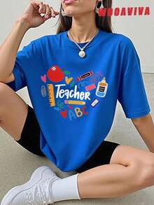 WOOAVIVA Women's T-Shirt, Soft 100% Cotton, Fashionable For Summer, Y2K Style Cleanfit, Casual, Slim Fit, Colorful, ABC Teacher Design, Perfect Gift For Teachers, School Professors, Back To School, Teacher Appreciation, Casual, Perfect For All Seasons, Women's Printed Blouse. - 藍色的 - 查看 7