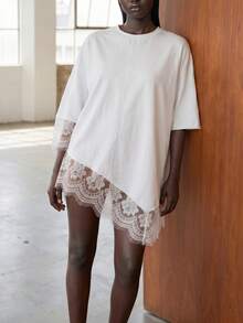 RoseArya 100% Cotton Patch Lace Detail Oversized T-Shirt - White - View 1
