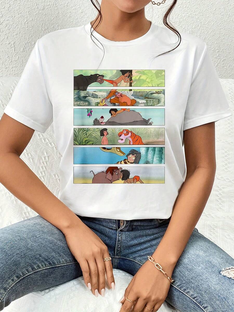Colorful Scenes Depicting The Friendship Between A Child And Jungle Animals Symbolizing A Connection To Nature And Inner Harmony. Soft And Comfortable Women's T-Shirt, Ideal For Casual Everyday Wear. - 白色 - 查看 1