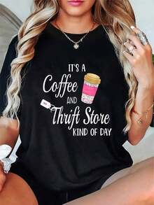 Camiseta Vintage y Retro para Mujer con Diseño de Taza de Café - Camiseta casual negra con diseño de taza de café rosa, mangas cortas, cuello redondo, adecuada para amantes del estilo vintage, camiseta para uso diario.|     Camisetas con diseños interesantes|     Tela elástica - Negro - Ver 1