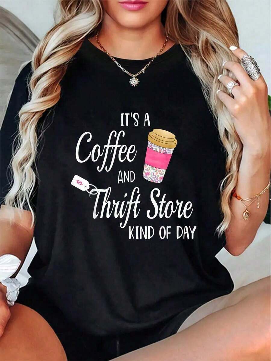 Camiseta Vintage y Retro para Mujer con Diseño de Taza de Café - Camiseta casual negra con diseño de taza de café rosa, mangas cortas, cuello redondo, adecuada para amantes del estilo vintage, camiseta para uso diario.| Camisetas con diseños interesantes| Tela elástica - Negro - Ver 1