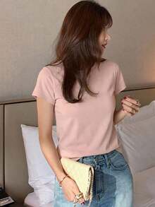 Camiseta básica de mujer de manga corta, cuello redondo, unicolor blanco, para primavera/verano, estilo casual de oficina - Rosa - Ver 5