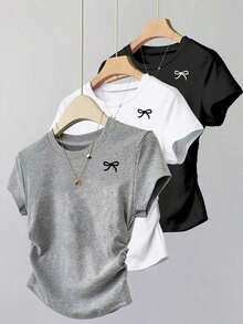 Camiseta ajustada con estampado de lazo para mujer, estilo versátil y elegante para el verano, vuelta al colegio, uso diario, fiesta, cita, que atrae mucha atención - Multicolor 6 - Ver 10