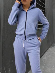 Conjunto Deportivo de 2 Piezas para Mujer: Sudadera con Capucha y Cierre de Cremallera Frontal más Pantalón Jogger con Cordón Ajustable - Set Casual de Algodón Suave para Entrenamiento, Gimnasio y Uso Diario - Gris Claro - Ver 7