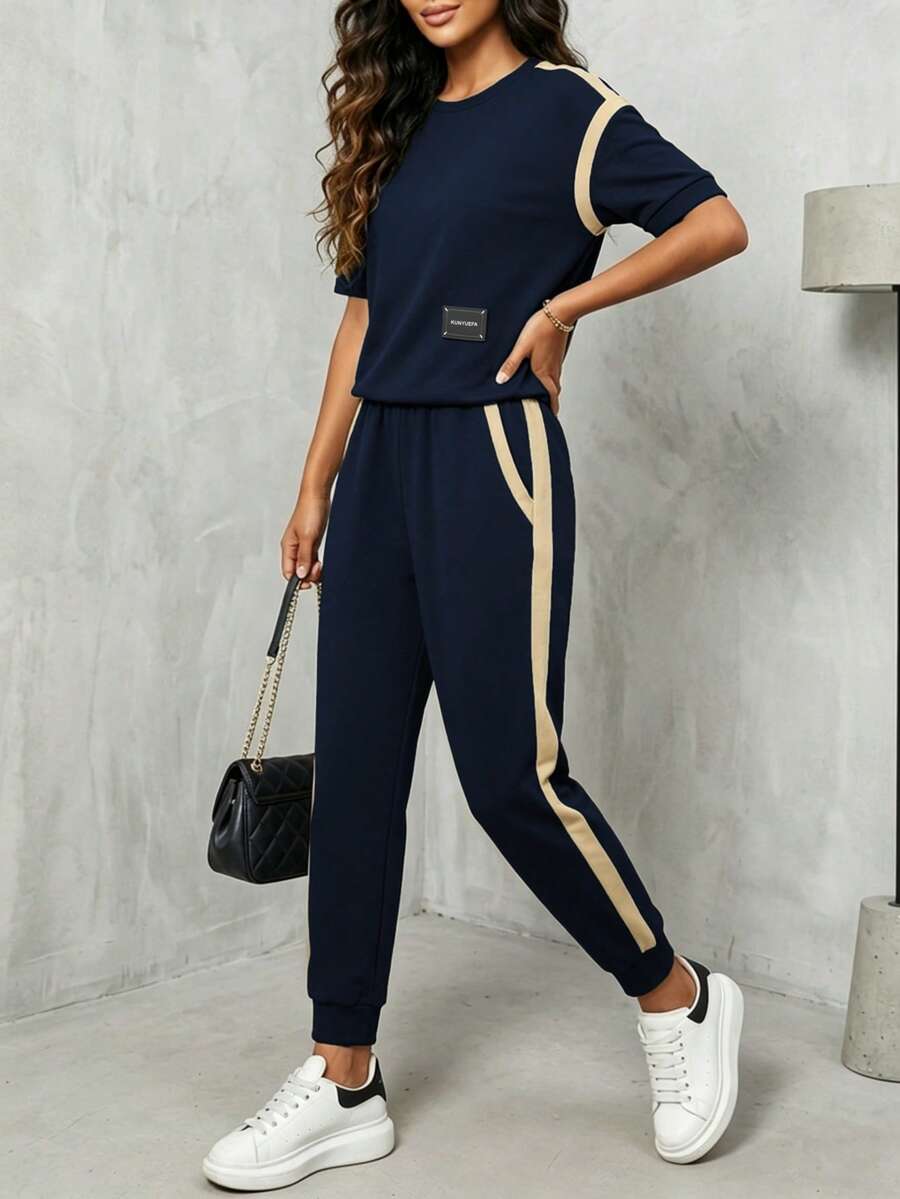 Setelan 2 Potong Wanita Terbaru: Kaos Lengan Pendek Kerah Bulat dengan Label Garis Kontras dan Celana Pensil Lurus Pinggang Elastis, Cocok untuk Musim Semi, Musim Panas, dan Musim Gugur - Biru tua 46+ Aprikot 13 - View 1