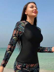 Swim SPRTY Top de tankini con mangas raglán, bloque de color e impresión tropical de playa de verano (1 pieza de top solamente) - Multicolor - Ver 4