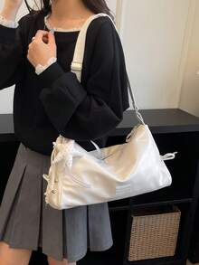 New Fashion Casual Solid Color PU Fabric Crossbody Bag With Hanging Ornament, Drawstring Tie, Multiple Pockets, Large Capacity Women's Shoulder Bag - A - View 6