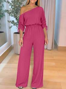 ChicMe Damen Jumpsuit mit schrägem Ausschnitt, Kordelzug an den Ärmeln, elastischem Bund, lockerem weitem Bein, lässig elegant, geeignet für Alltag, Büro, Party, Sommer - Heißes Pink - Übersicht 3