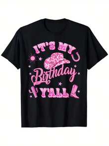Retro Cowboy/Cowgirl Style Birthday T-Shirt For Men And Women - Super Soft, 220 G/M² Heavyweight Graphic Print "Howdy It's My Birthday" With Cowboy Hat And Cactus, Pink Vintage Print, Unisex Crew Neck T-Shirt For Western Theme Parties And Casual Wear. - 黑色 - 查看 7