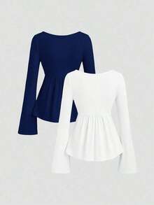 2 piezas Conjunto de camisetas de manga larga versátiles, elegantes y cómodas para mujer - Multicolor 8 - Ver 2