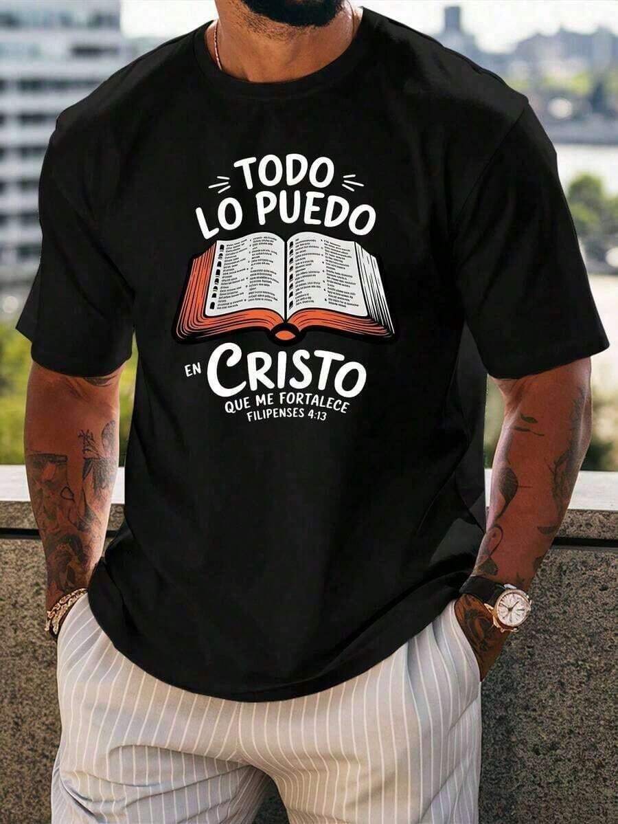Men's Christian Faith T-Shirt With Spanish Bible Verse Philippians 4:13 - I Can Do All Things Through Christ Who Strengthens Me (I Can Do Everything Through Christ) - Breathable And Comfortable Fabric, Inspirational Christian Graphic T-Shirt For Church, Casual Wear And Urban Style - Men's White Short Sleeve Crew Neck T-Shirt - All Season Christian Clothing With Spanish Scripture Design, Regular Fit, Durable Heat Transfer Print, Perfect Summer Gift By ZWSY - 黑色 - 查看 1