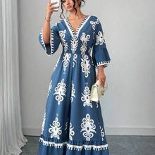 Elenzya Plus Size Blue & White Elegant Fitted Shirred Print Cinched Waist Jumpsuit - Azul y blanco - Ver 4