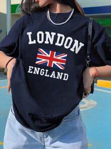 Camiseta de mujerCamiseta de manga corta con cuello redondo con estampado del Unión Jack de Londres, Inglaterra, estilo básico casual para uso diario en veranoCómoda y ligera - Negro - Ver 8