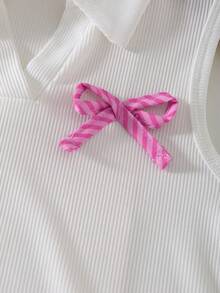 Conjunto de 2 piezas de top de punto acanalado de cuello en V blanco + falda con estampado de lazo a rayas verticales para niñas, adecuado para uso diario, actividades al aire libre y eventos, primavera/verano - Rosa Fucsia - Ver 4