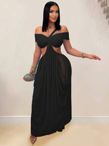 Vestido nuevo de verano para mujer, de moda, sexy, top tubo, corte entallado, unicolor, de tul transparente, diseño francés, favorecedor, perfecto para fiestas, citas y looks de noche - Negro - Ver 1