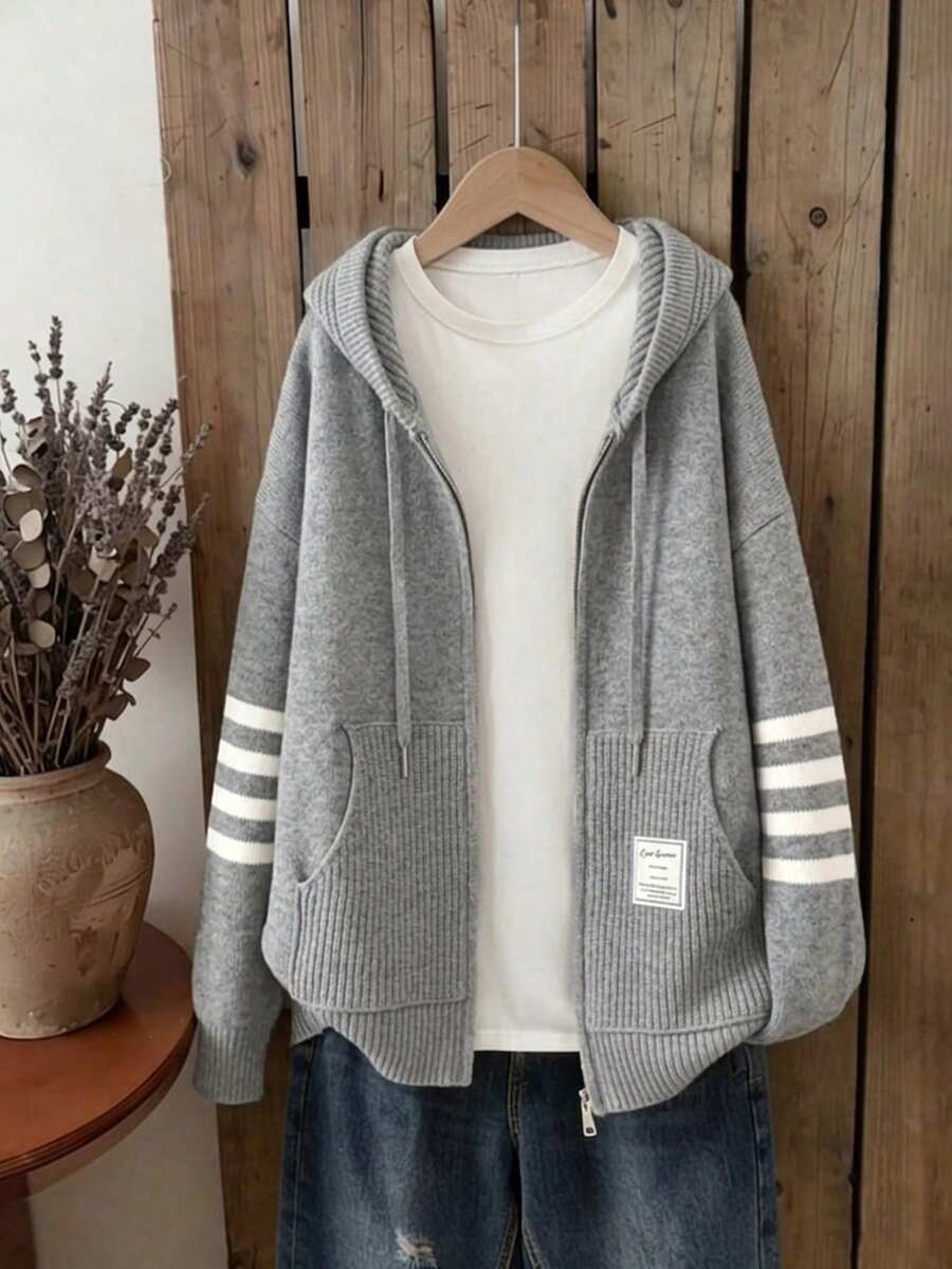 Áo khoác cardigan nữ dáng suông có mũ, khóa kéo, kiểu dáng Y2K, thích hợp cho hẹn hò, mặc hàng ngày, mùa xuân, kỳ nghỉ, tiệc sinh viên. - Màu Xám nhạt - Xem 1