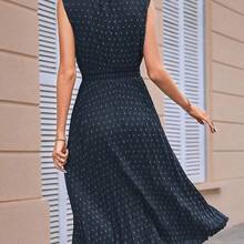 Clasi Swiss Dot Tie Neck Pleated Hem Dress Maxi Women Outfit - Azul Marino - Ver 3