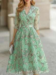 Vestido formal largo con estampado de hojas elegante para mujer, primavera/otoño - Multicolor 8 - Ver 6