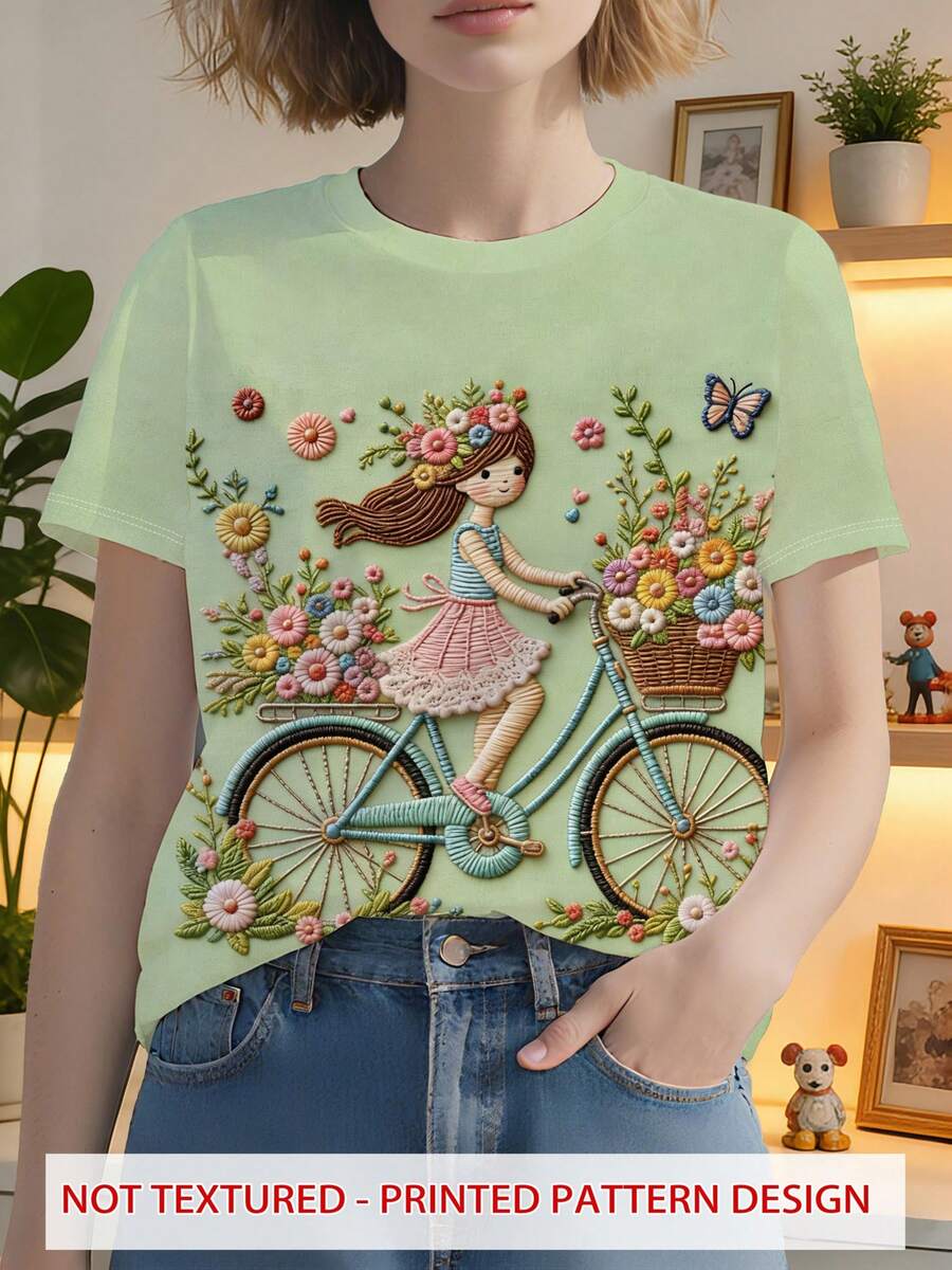 Camiseta manga corta cuello redondo 100% algodón, estampado trendy, tejido ligero y ventilado, estilo moda casual, apta para vida diaria, salidas informales y citas en primavera, verano y otoño - verde claro - Ver 1